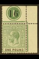 1912-19 £1 Dull Green And Black, Wmk Multi Crown CA, SG 89, A Very Fine Mint Top Right Hand Corner Marginal Showing Cont - Sonstige & Ohne Zuordnung