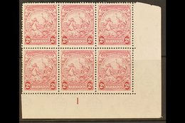 1941 2d Claret Badge Of The Colony, Lower Right Corner Plate 1 Block Of Six, Position 11/9 Showing Extra Frame Line, SG  - Barbados (...-1966)