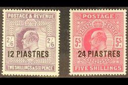 1911 - 13 12pi On 2s 6d And 24pi On 5s Carmine, SG 33/4, Very Fine And Fresh Mint. (2 Stamps) For More Images, Please Vi - Levant Britannique