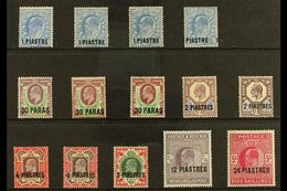 TURKISH CURRENCY 1911-13 KEVII Set With Some Perforation & Shade Variants Plus 30pa On 1½d With "surcharge Double, One A - Britisch-Levant