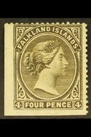 1885-91 4d Grey Black Wmk Sideways, SG 10, Unused No Gum Lower Left Corner Example With Two Straight Edges, Minute Thin, - Islas Malvinas