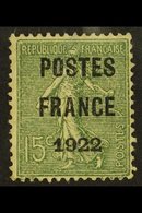 PREOBLITERES 1922 15c Olive With "POSTES / FRANCE / 1922" Precancel, Yvert 37, No Gum, Small Thin.  For More Images, Ple - Autres & Non Classés