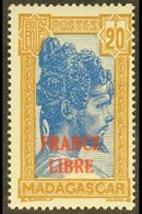 MADAGASCAR 1942. 20f Ultramarine & Yellow Brown "France Libre" Overprinted, Yv 255A, SG 243, Very Fine Mint With Lightes - Autres & Non Classés