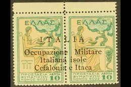 CEFOLONIA & ITHACA 1941 10 + 10L Green And Yellow Charity, Horizontal Pair, Sass 32, Very Fine Marginal Never Hinged Min - Sonstige & Ohne Zuordnung