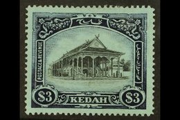 KEDAH 1912 $3 Black And Blue On Blue Council Chamber, SG 13, Very Fine Mint. For More Images, Please Visit Http://www.sa - Sonstige & Ohne Zuordnung