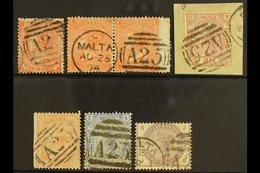 GB USED IN MALTA GB QV Stamps With "A25" Duplex Cancels Comprising 1862 4d (SG Z48), 1865-73 4d Pair (Z49), 1875-76 2½d  - Malta (...-1964)