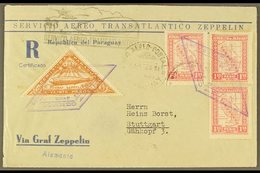 1928 Registered Zeppelin Stationery Cover To Germany Franked 1.50p Map (3), And 1932 20p Brown Zeppelin Adhesive Tied By - Paraguay