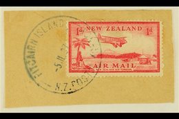 1937 1d Carmine Air Stamp Of New Zealand, SG 570, On Piece Tied By Fine Full "PITCAIRN ISLAND" Cds Cancel Of 5 JL 37, Un - Pitcairninsel