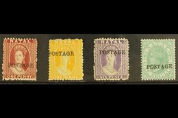 NATAL 1875-76 1d Rose, 1d Yellow, 6d Violet, And 1s Green With "POSTAGE" Overprints (14½mm Without Stop), SG 81/84, Fine - Non Classés