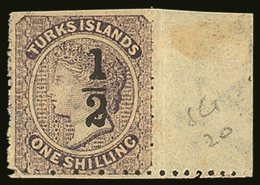 1881 "½" On 1s Lilac, Setting 10, Type 10, SG 20 Fine Marginal Mint (scissor Trimmed At Top). BPA Cert. For More Images, - Turks And Caicos