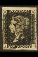 1840 1d Black 'AE' Plate 5, SG 2, Used With 4 Good To Huge Margins & Black MC Cancellation. For More Images, Please Visi - Ohne Zuordnung