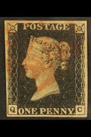 1840 1d Black 'QC' Plate 6, STATE 2, SG Spec AS42, Used With 4 Margins & Red MC Cancellation. For More Images, Please Vi - Unclassified