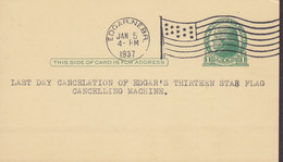 United States Postal Stationery Ganzsache Entier 'Last Day Cancel' 13 Star Flag EDGAR Nebr. 1937 Card Karte Jefferson - 1921-40