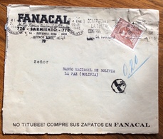 ARGENTINA ENVELOPE  FANACAL SARMIENTO  TO LA PAZ BANCO NACIONAL DE BOLIVIA  TASSATA 20 C. - Buenos Aires (1858-1864)