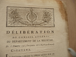 Billets De Confiance Et Secours Délibération Conseil D'Etat De La Meurthe 16/12/1792 An I Révolution Signé Antoine - Decreti & Leggi