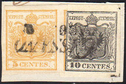 1850 - 5 Cent. Giallo Arancio, I Tiratura, 10 Cent. Grigio Nero, Entrambe Carta A Mano (1d,2c), Perf... - Lombardo-Vénétie