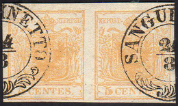 1850 - 5 Cent. Giallo Arancio (1g), Coppia, Perfetta, Usata A Sanguinetto 24/8. Bella. Ferrario.... - Lombardo-Veneto