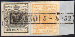 1850 - 5 Cent. Giallo Arancio, 10 Cent. Nero (1g,2), Perfetti, Usati, Su Piccolo Frammento A Milano ... - Lombardo-Vénétie