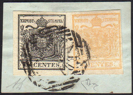 1850 - 10 Cent. Nero, Carta A Mano, Dicitura "CENTES" Ritoccata, 5 Cent. Giallo Ocra, Stampa Recto V... - Lombardo-Vénétie