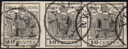 1850 - 10 Cent. Grigio Nero, Carta A Mano (2c), Striscia Di Tre, Perfetta, Usata A Venezia 1/7. A.Di... - Lombardo-Venetien