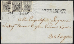 1854 - 10 Cent. Grigio Nero, Carta A Mano (2c), Striscia Di Tre, Ottimo Stato, Su Sovracoperta Di Le... - Lombardo-Vénétie