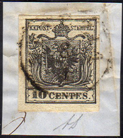 1850 - 10 Cent. Nero Carbone, Carta A Mano (2e), Perfetto, Usato Su Piccolo Frammento A Venezia. A.D... - Lombardy-Venetia