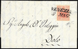 1851 - 15 Cent. Rosso Vermiglio, II Tipo, Carta A Mano (4), Perfetto, Su Lettera Da Venezia 9/5/1851... - Lombardo-Veneto