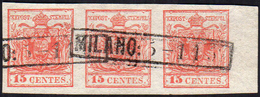 1852 - 15 Cent. Rosso, III Tipo, Carta A Mano (6), Striscia Di Tre, Bordo Di Foglio, Con Filigrana, ... - Lombardo-Vénétie