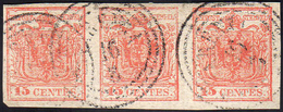 1852 - 15 Cent. Rosso, III Tipo, Carta A Mano (6), Striscia Di Tre, Perfetta, Usata A Varenna 16/5.... - Lombardo-Venetien