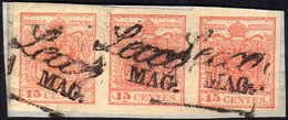 1852 - 15 Cent. Rosso, III Tipo, Carta A Mano (6), Striscia Di Tre, Perfetta, Usata Su Piccolo Framm... - Lombardije-Venetië