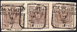 1853 - 30 Cent. Bruno Scuro, II Tipo, Carta A Mano (8), Striscia Di Tre, Perfetta, Usata Con Il Boll... - Lombardije-Venetië