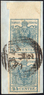 1852 - 45 Cent. Azzurro Ardesia, II Tipo, Carta A Mano (11), Coppia Verticale, Bordo Di Foglio, Perf... - Lombardije-Venetië