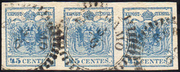 1855 - 45 Cent. Azzurro, III Tipo (12), Striscia Di Tre, Perfetta, Usata A Bergamo 8/6. Bella! G.Bol... - Lombardy-Venetia
