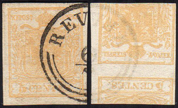 1851 - 5 Cent. Giallo Ocra, Stampa Recto-verso, Controstampa Capovolta (13), Perfetto, Usato A Rever... - Lombardo-Venetien