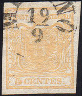 1851 - 5 Cent. Giallo Ocra, Stampa Recto-verso, Controstampa Dritta (13A), Perfetto, Usato A Milano ... - Lombardo-Veneto