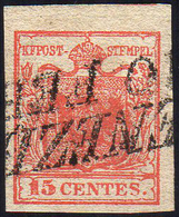 1851 - 15 Cent. Rosso Vermiglio, I Tipo, Carta A Coste Verticali (14), Leggera Costolatura, Perfetto... - Lombardo-Veneto