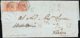 1851 - 15 Cent. Rosso Vermiglio Chiaro, I Tipo, Carte A Coste Verticali (14a), Coppia, Perfetta, Su ... - Lombardije-Venetië