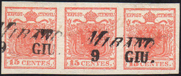 1851 - 15 Cent. Rosso Vermiglio, Carta Lievemente Costolata, Striscia Orizzontale Di Tre, Un Esempla... - Lombardo-Venetien