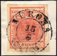 1851 - 15 Cent. Rosso Vermiglio, II Tipo, Carta A Coste Verticali (15), Perfetto, Usato Su Piccolo F... - Lombardo-Veneto