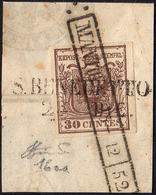 1852 - 30 Cent. Bruno Rossastro, I Tipo, Carta A Coste Verticali (16aa), Perfetto, Usato Su Framment... - Lombardo-Venetien