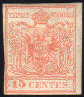 1854 - 15 Cent. Rosso Vermiglio, Carta A Macchina (20), Gomma Originale, Ottimo Stato. Cert. Royal P... - Lombardo-Veneto