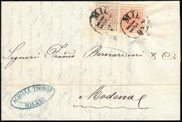 1856 - 15 Cent. Rosso Vermiglio, 30 Cent. Bruno, Entrambi Carta A Macchina (20,21), Perfetti, Su Let... - Lombardo-Venetien