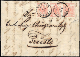 1856 - 15 Cent. Rosso Vermiglio Chiaro, Carta A Macchina (20a), Striscia Di Tre, Perfetta, Su Letter... - Lombardy-Venetia