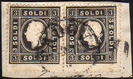 1859 - 3 Soldi Nero, II Tipo (29), Due Esemplari, Perfetti, Usati Su Piccolo Frammento A Padova. Fer... - Lombardo-Veneto