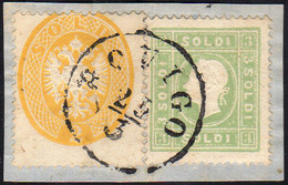 1863 - 2 Soldi Giallo, Dent. 14, 3 Soldi Verde Giallo (36,35), Perfetti, Usati Su Piccolo Frammento ... - Lombardo-Veneto