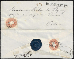 1863 - 10 Soldi Bruno, Dent. 14 (39), Due Esemplari, Uno Al Verso, Perfetti, Su Busta Raccomandata D... - Lombardy-Venetia