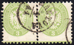 1864 - 3 Soldi Verde, Dent. 9 1/2, Riga Di Colore In Basso (42d), Due Esemplari, Ricongiunti Con Lin... - Lombardo-Vénétie