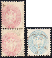 1864 - 5 Soldi Rosa, Coppia Verticale, 10 Soldi Azzurro, Dent. 9 1/2, Tutti Con Nitido Decalco (43b,... - Lombardo-Venetien