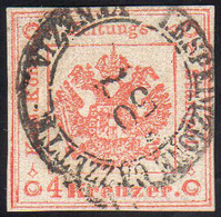 1858 - 4 Kr. Rosso Smorto (4), Perfetto, Usato A Venezia. Raro! A.Diena, G.Oliva, Cert. Ferrario.... - Lombardy-Venetia