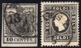 1850/59 - 10 Cent. Nero, Carta A Mano, 3 Soldi Nero, II Tipo (2,29), Perfetti, Entrambi Usati In Aus... - Lombardije-Venetië